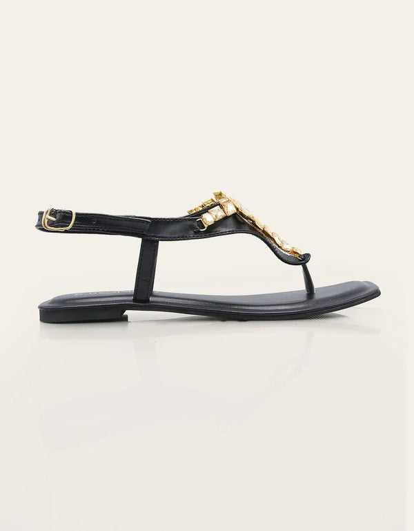 Zenvia Black T-Strap Sandals with Squarish Crystals – Essence by Rubina